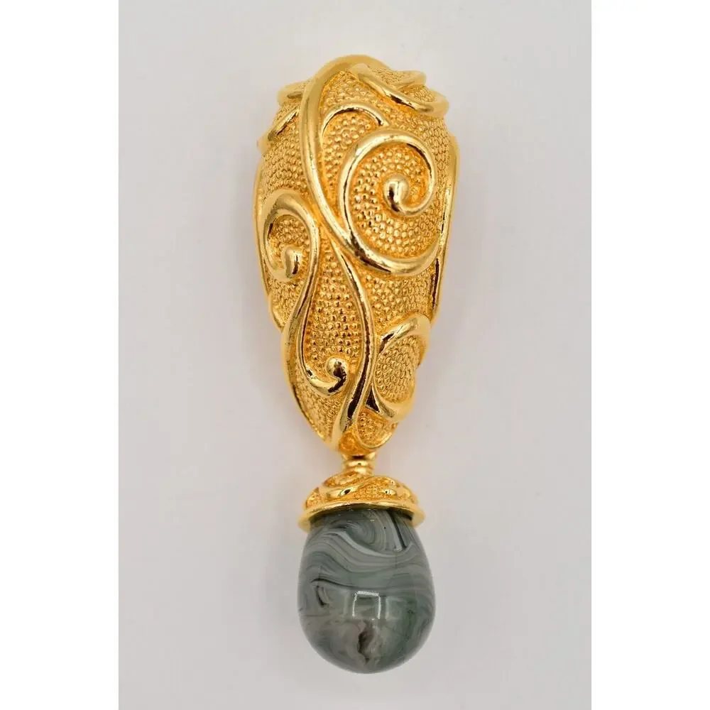 Barrera for Avon Vintage Cabochon Pin Brooch Dangle Marbled Gold Chunky BinAH